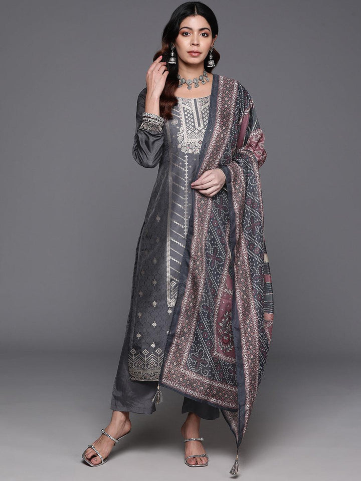 Grey Woven Design Silk Blend Straight Kurta With Trousers & Dupatta - Libas