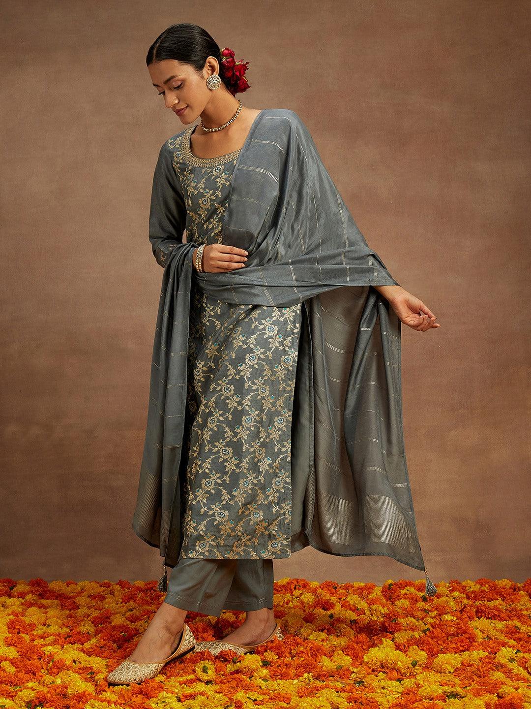 Grey Woven Design Silk Blend Straight Kurta With Trousers & Dupatta - Libas 