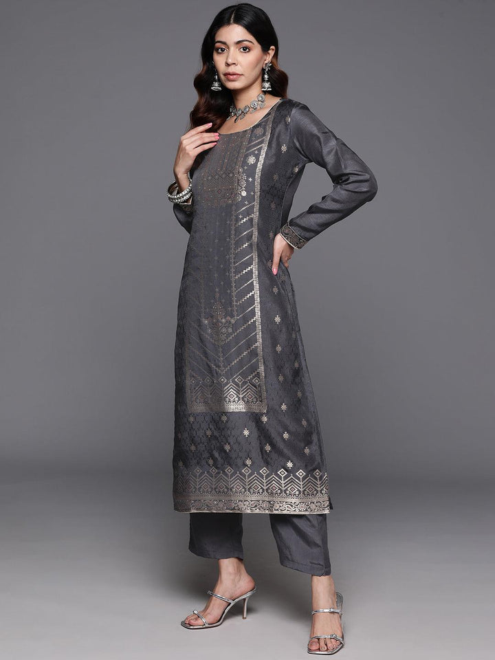 Grey Woven Design Silk Blend Straight Kurta With Trousers & Dupatta - Libas