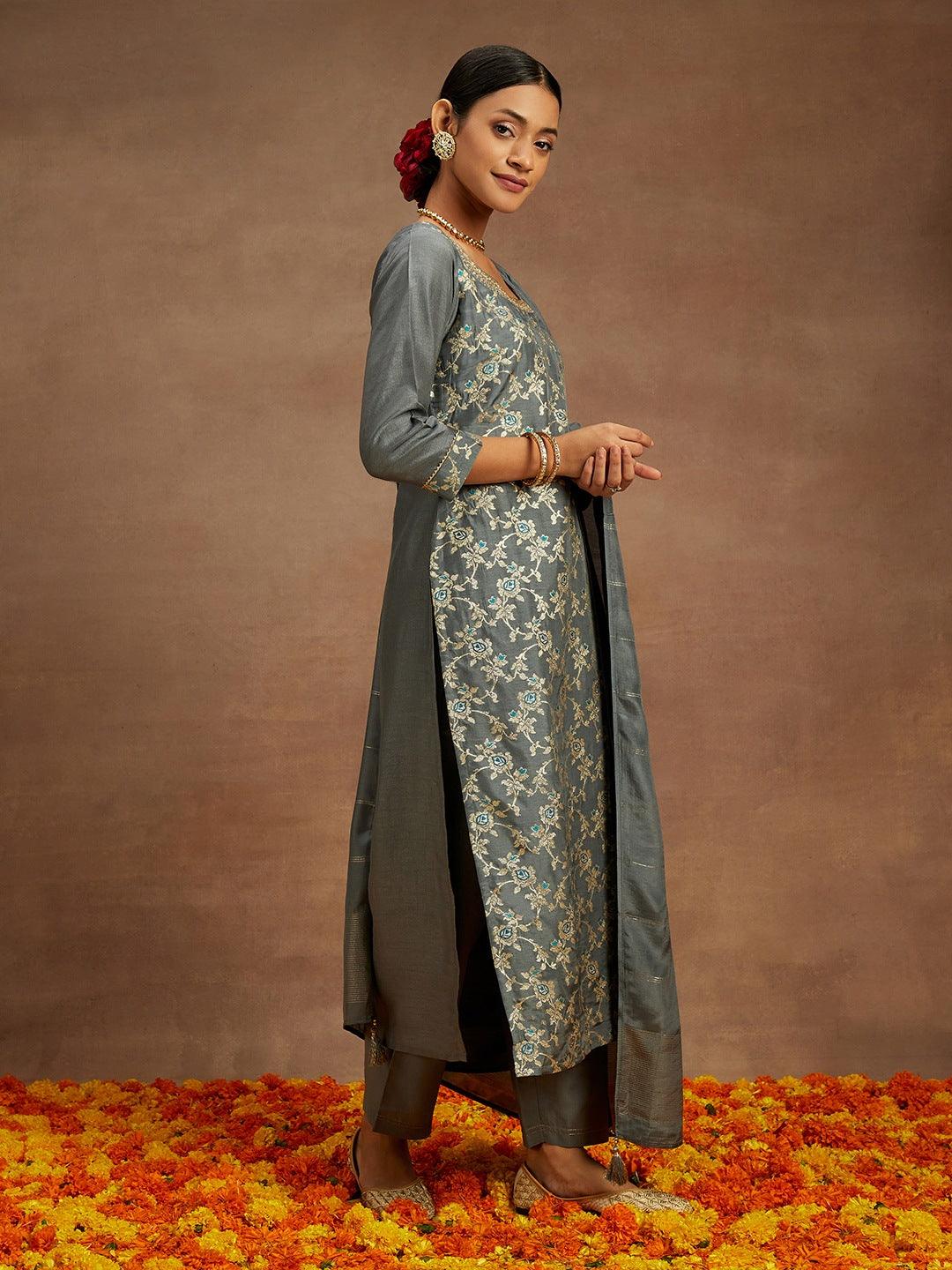 Grey Woven Design Silk Blend Straight Kurta With Trousers & Dupatta - Libas 