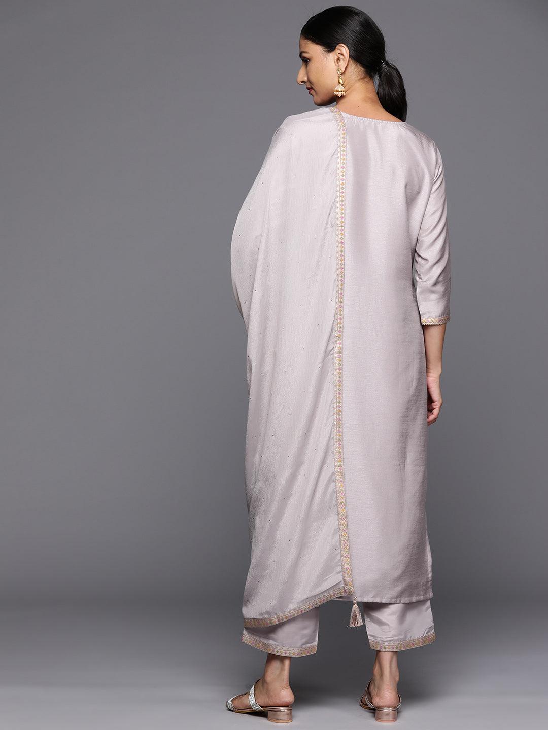 Grey Woven Design Silk Blend Straight Kurta With Trousers & Dupatta