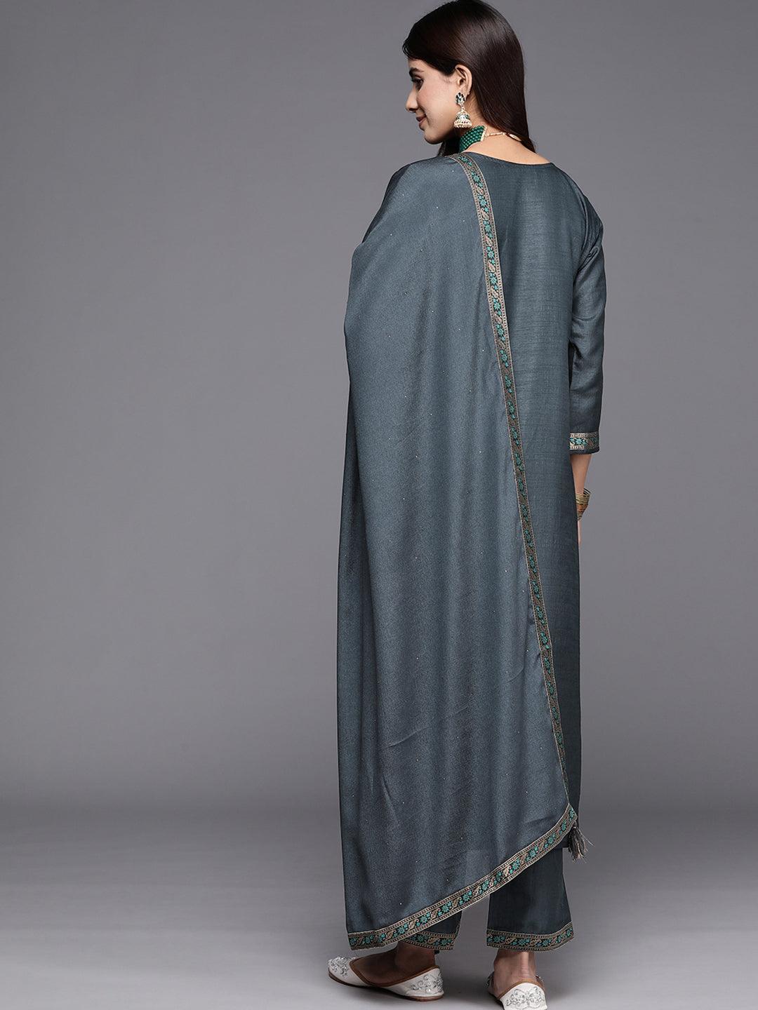 Grey Woven Design Silk Blend Straight Kurta With Trousers & Dupatta - Libas