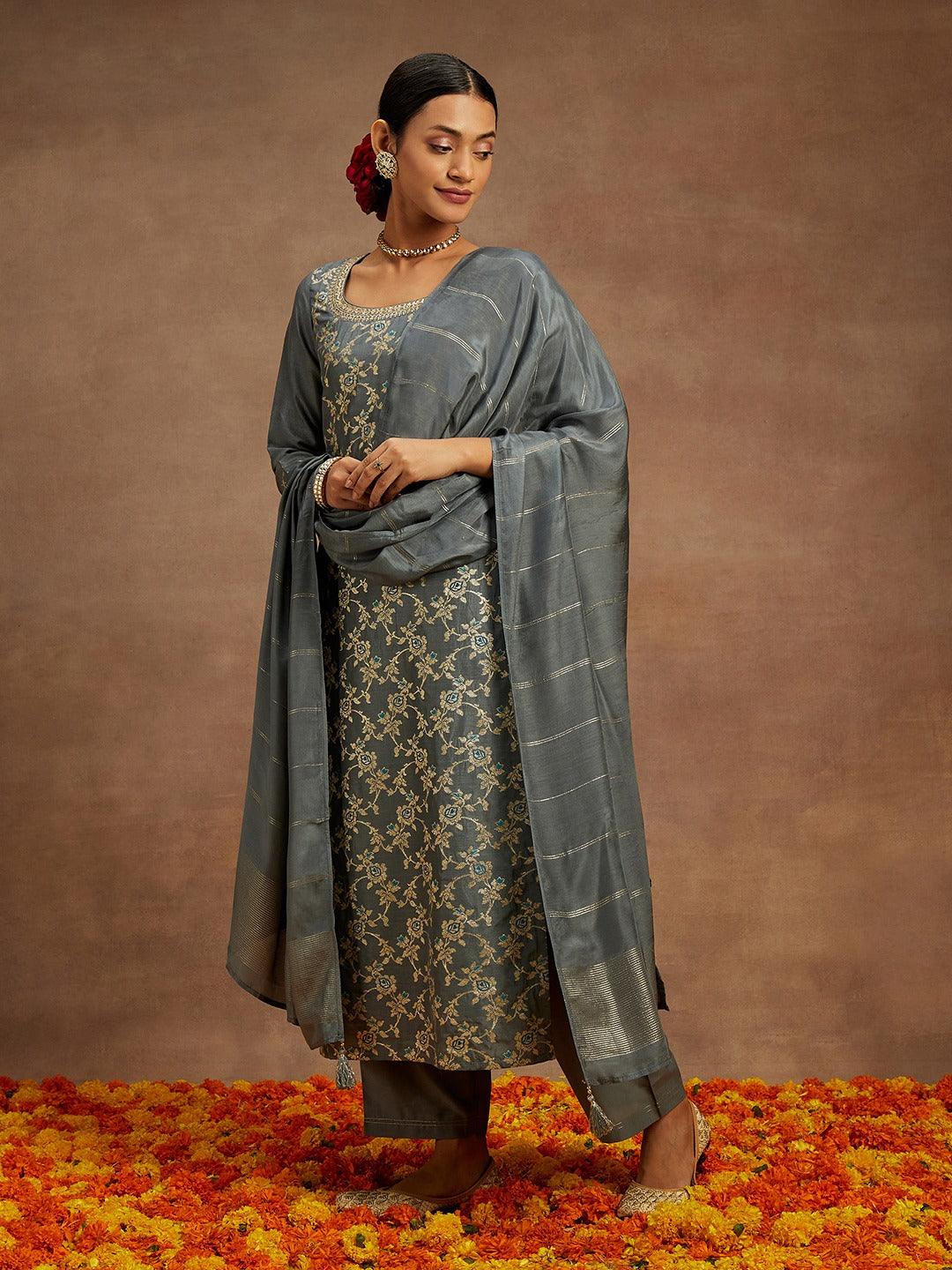 Grey Woven Design Silk Blend Straight Kurta With Trousers & Dupatta - Libas 