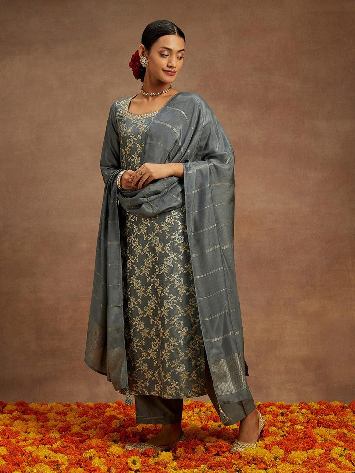 Grey Woven Design Silk Blend Straight Kurta With Trousers & Dupatta - Libas