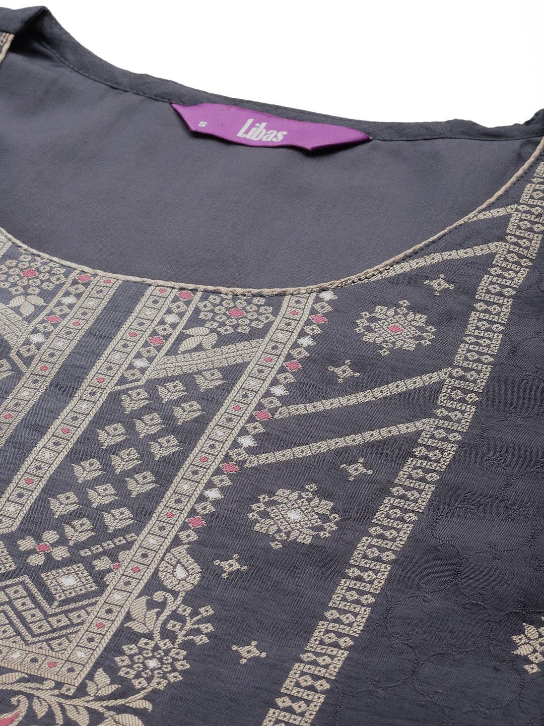 Grey Woven Design Silk Blend Straight Kurta With Trousers & Dupatta - Libas