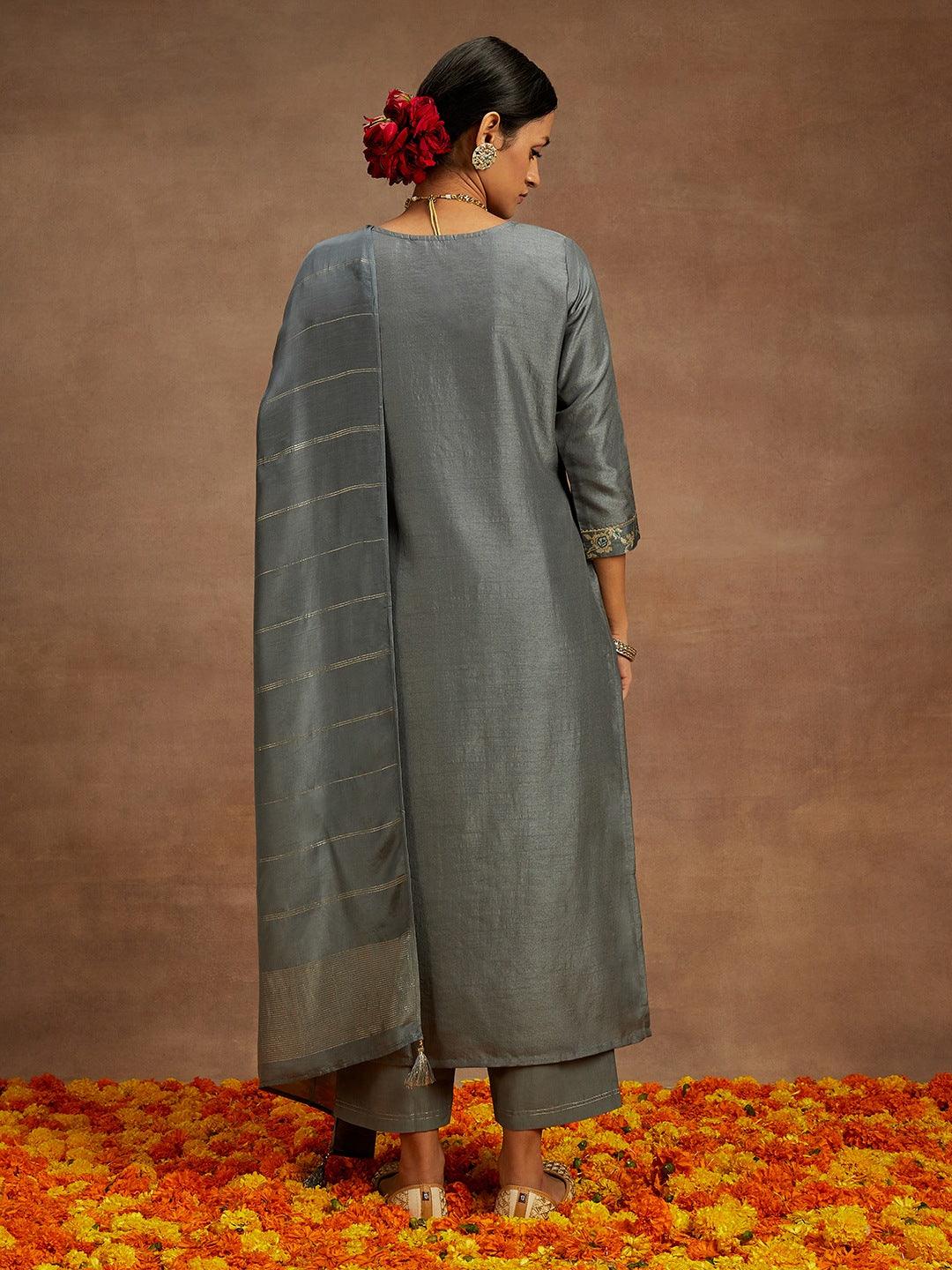 Grey Woven Design Silk Blend Straight Kurta With Trousers & Dupatta - Libas 