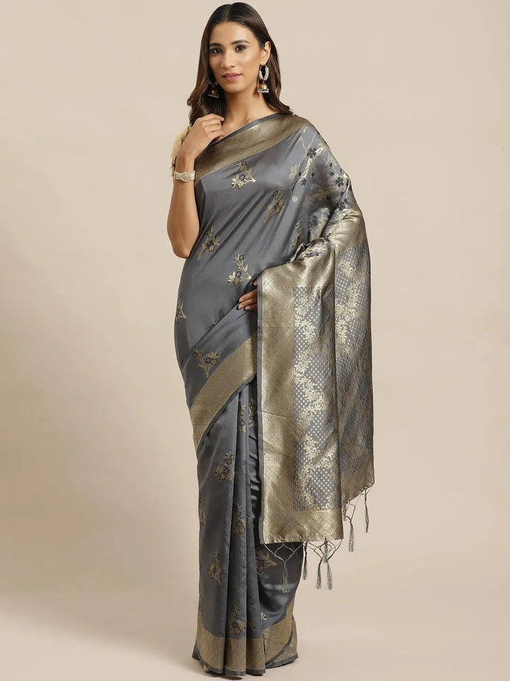 Grey Woven Design Silk Saree - Libas