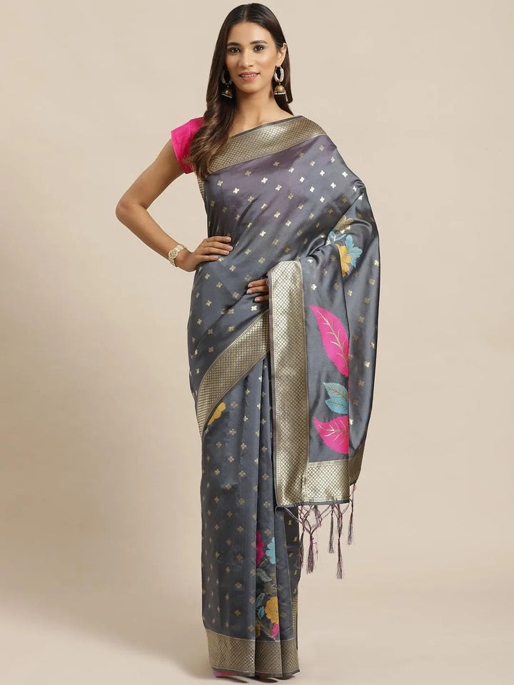 Grey Woven Design Silk Saree - Libas