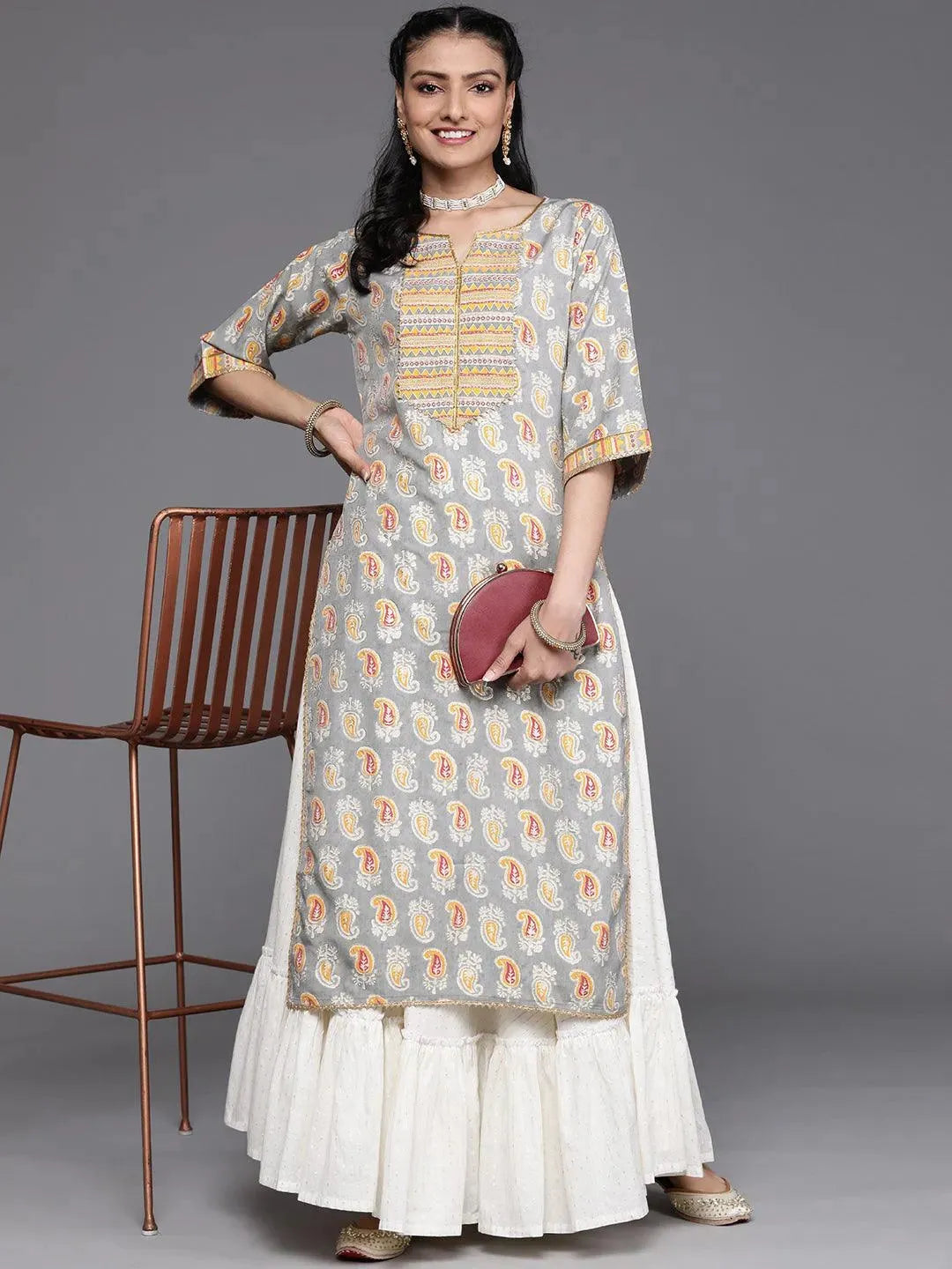 

Grey Yoke Design Chanderi Silk Kurta