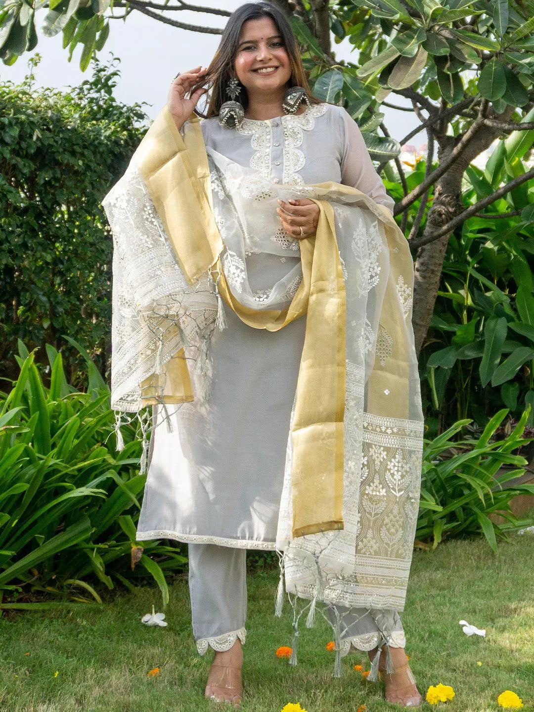 Grey Yoke Design Chanderi Silk Straight Suit Set - Libas