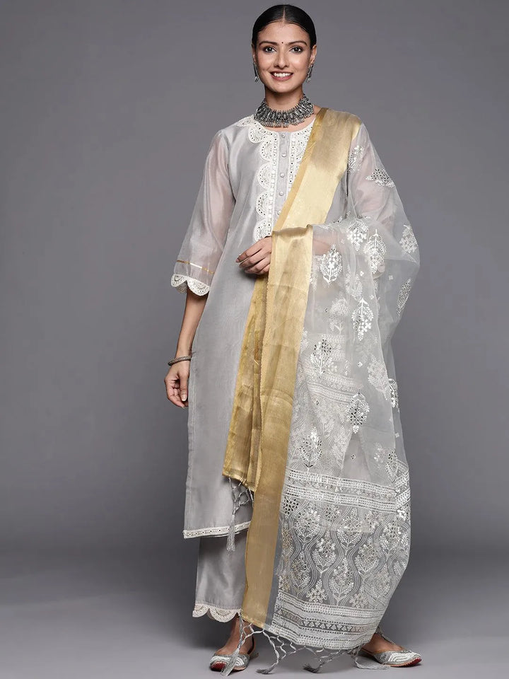 Grey Yoke Design Chanderi Silk Straight Suit Set - Libas