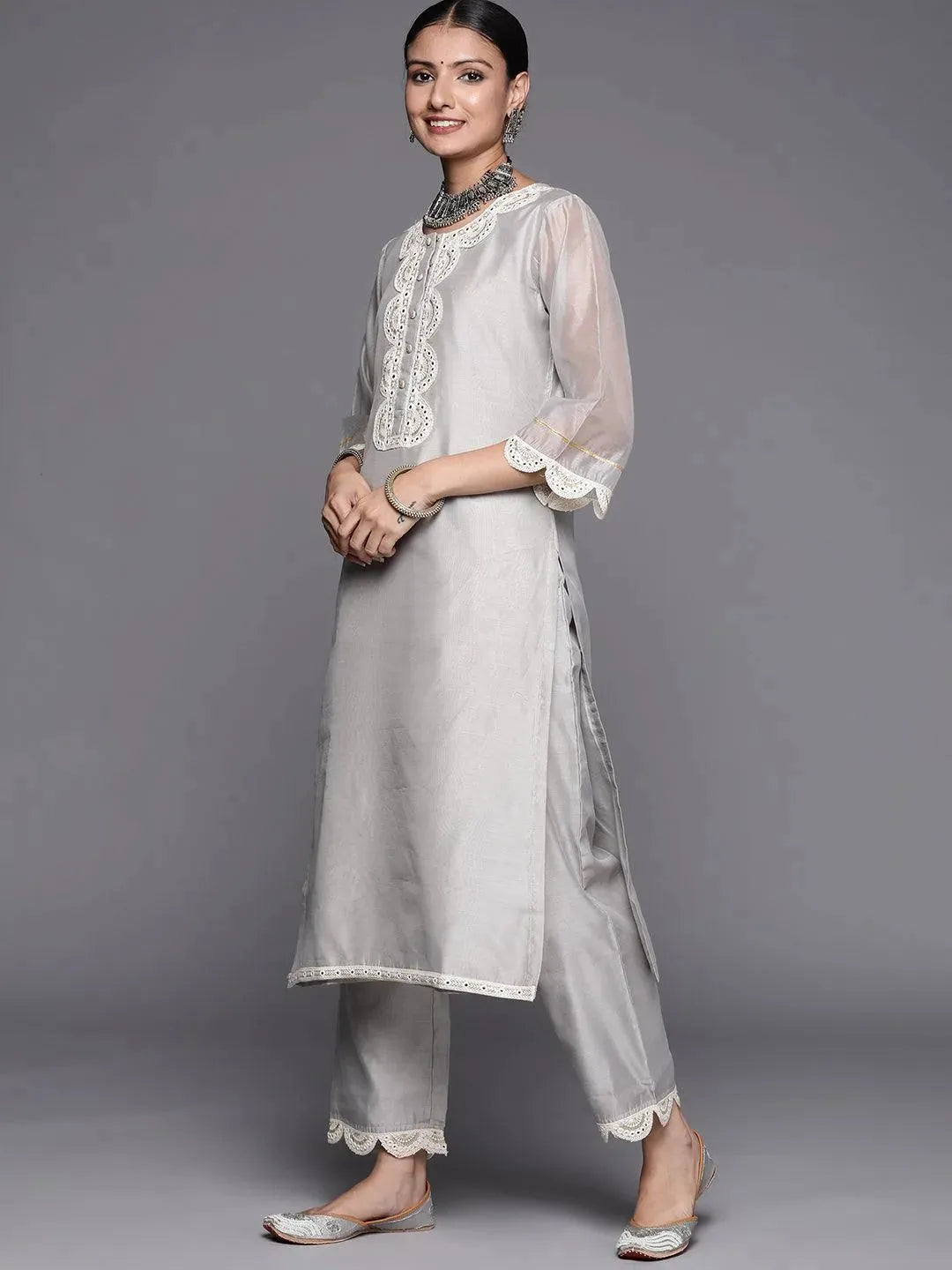 Grey Yoke Design Chanderi Silk Straight Suit Set - Libas