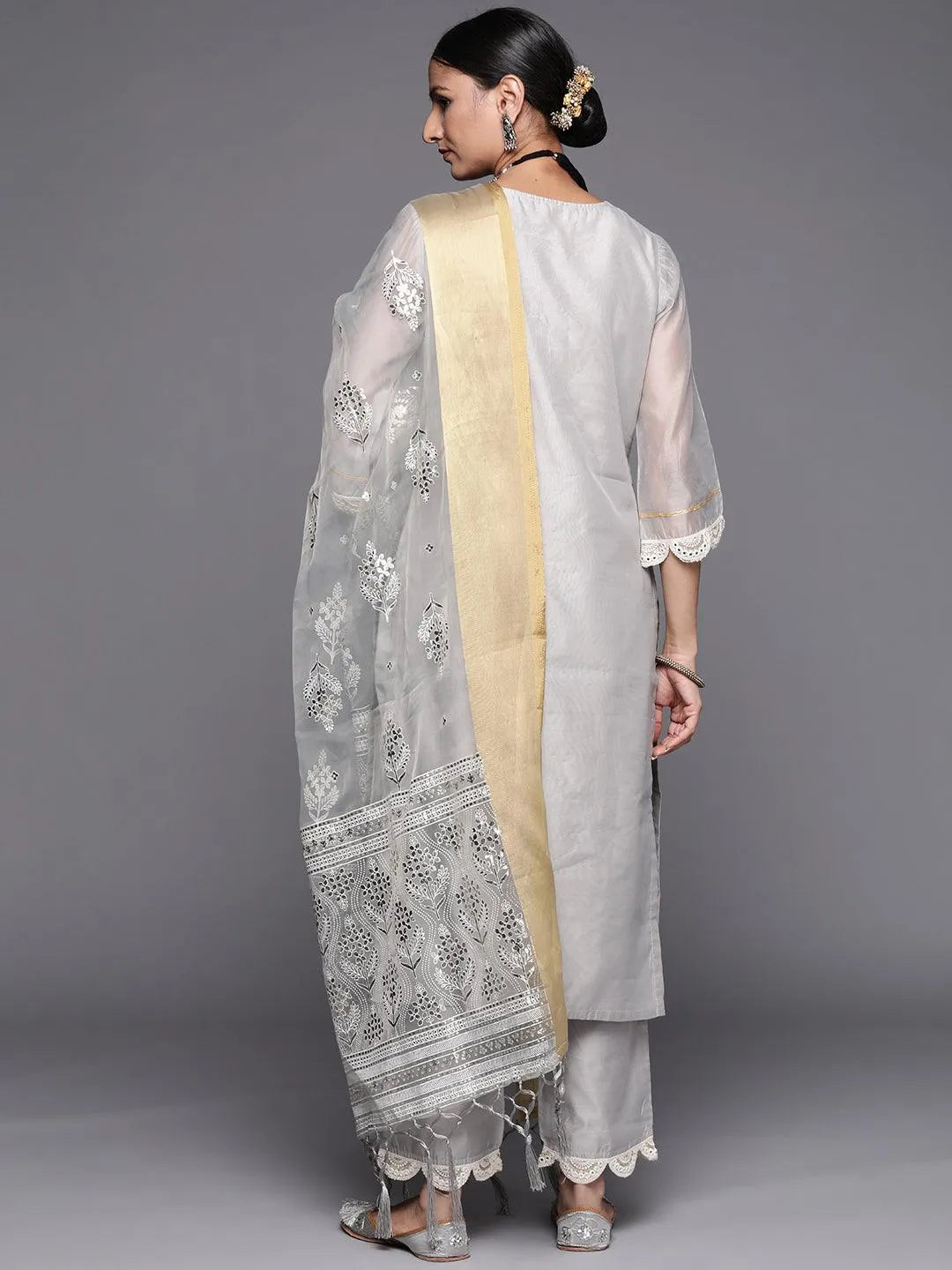 Grey Yoke Design Chanderi Silk Straight Suit Set - Libas