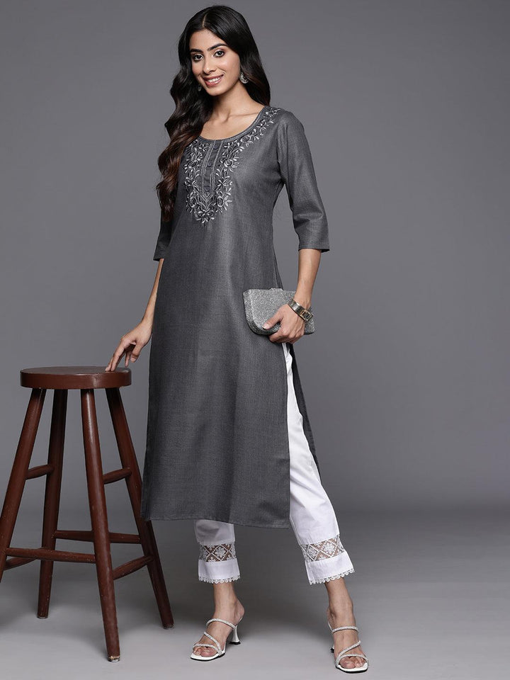 Grey Yoke Design Cotton Straight Kurta - Libas