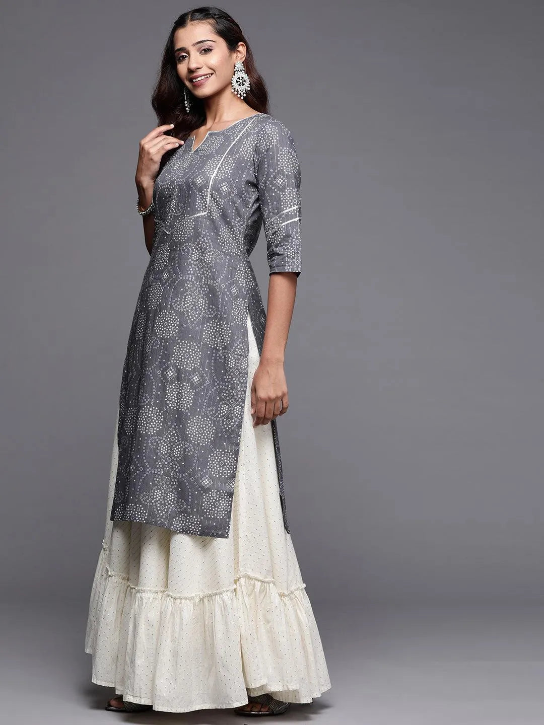 Grey Yoke Design Cotton Straight Kurta - Libas