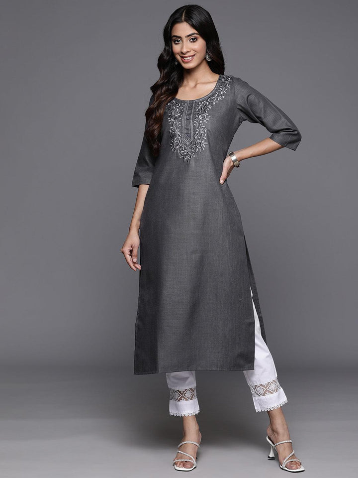 Grey Yoke Design Cotton Straight Kurta - Libas