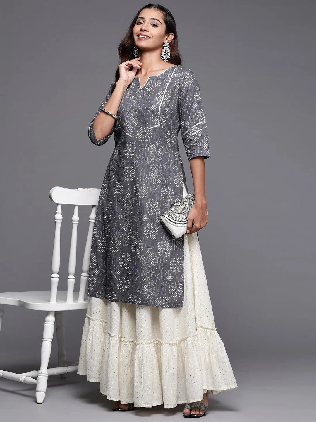 Grey Yoke Design Cotton Straight Kurta - Libas 