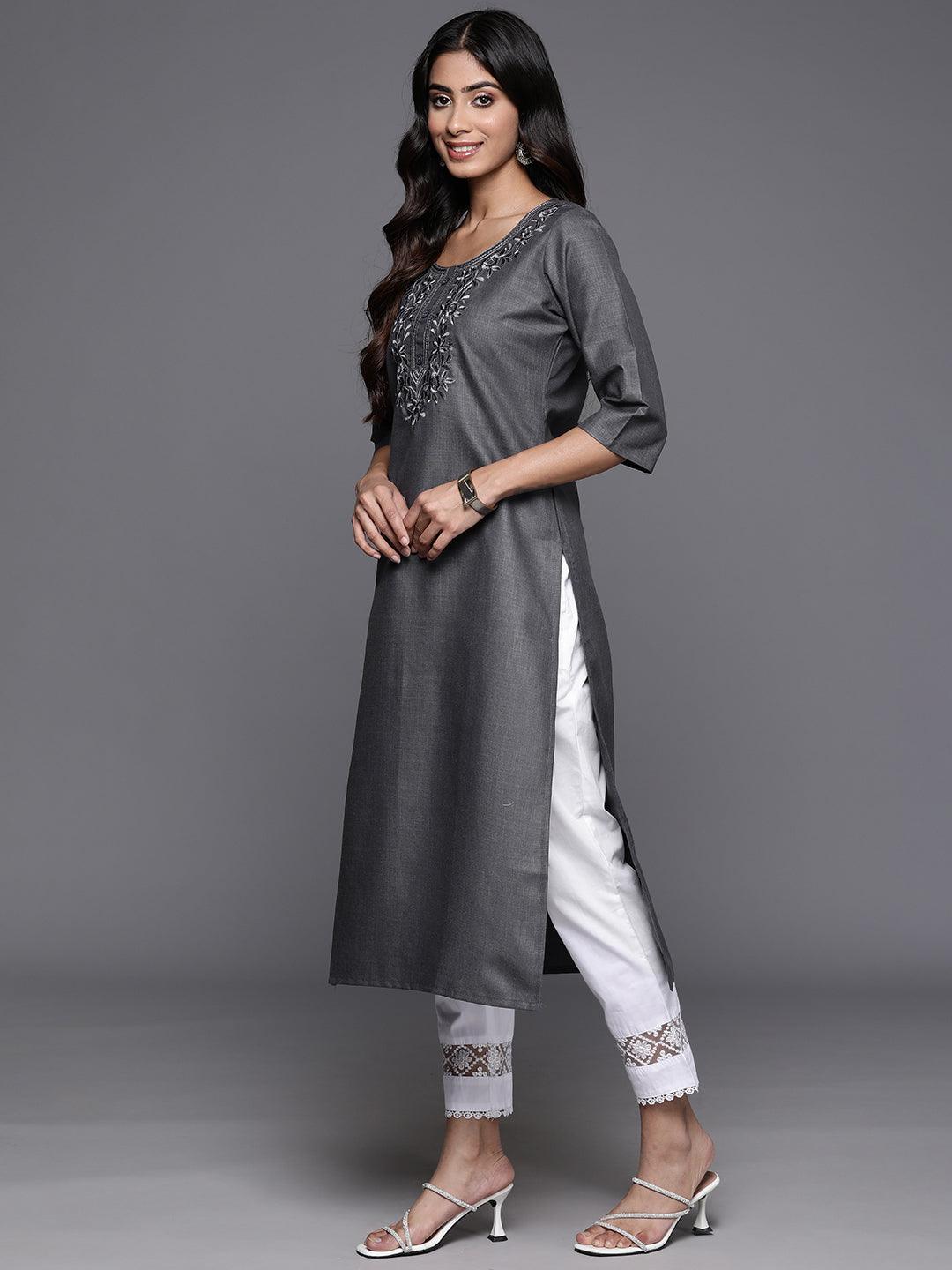 Grey Yoke Design Cotton Straight Kurta - Libas