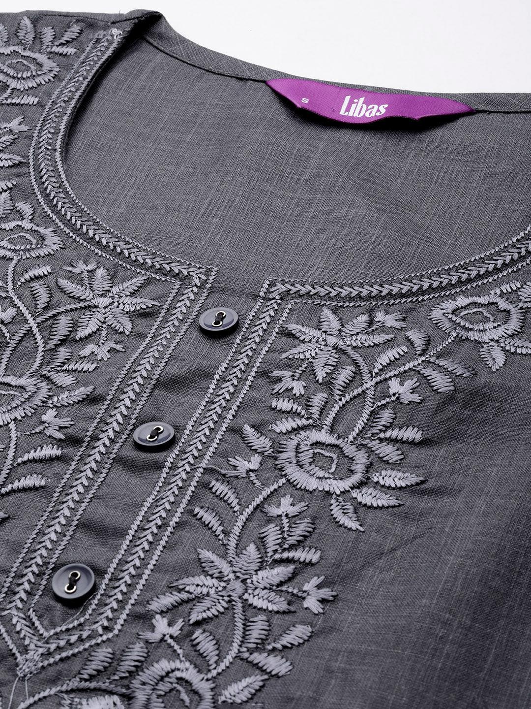 Grey Yoke Design Cotton Straight Kurta - Libas