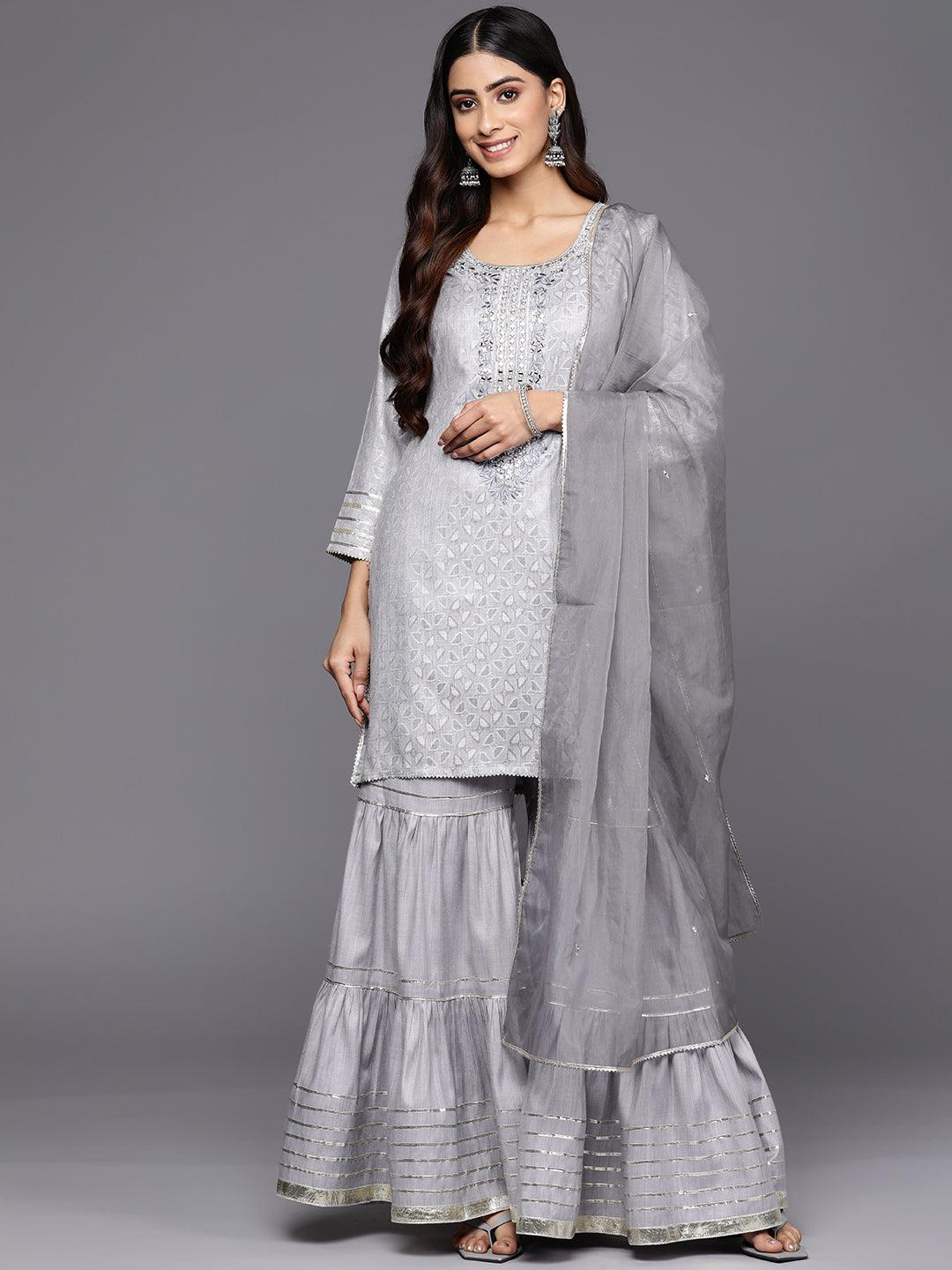 Grey Yoke Design Cotton Straight Sharara Suit Set With Dupatta