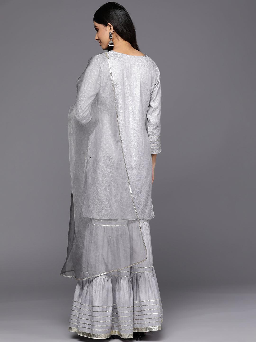 Grey Yoke Design Cotton Straight Sharara Suit Set With Dupatta