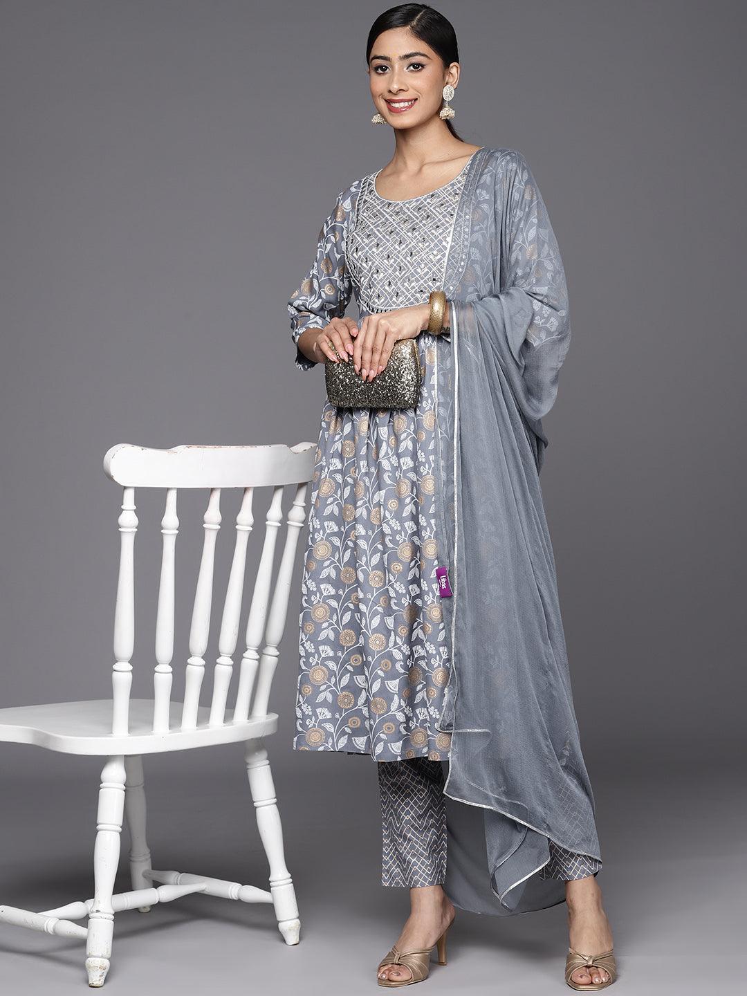 Grey Yoke Design Rayon A-Line Suit Set With Trousers - Libas 