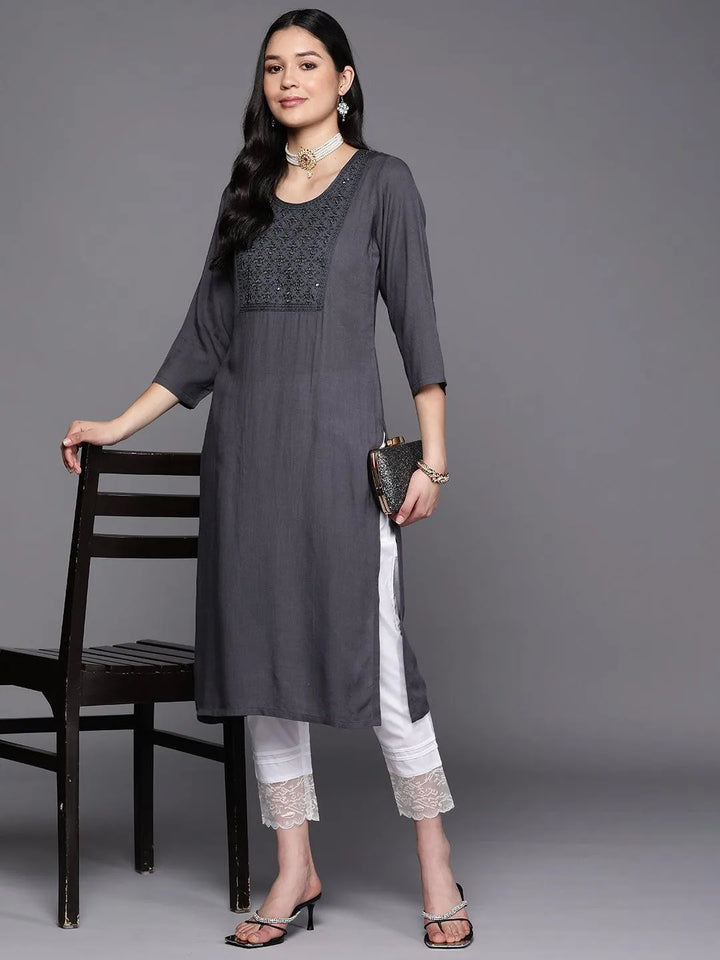 Grey Yoke Design Rayon Straight Kurta - Libas