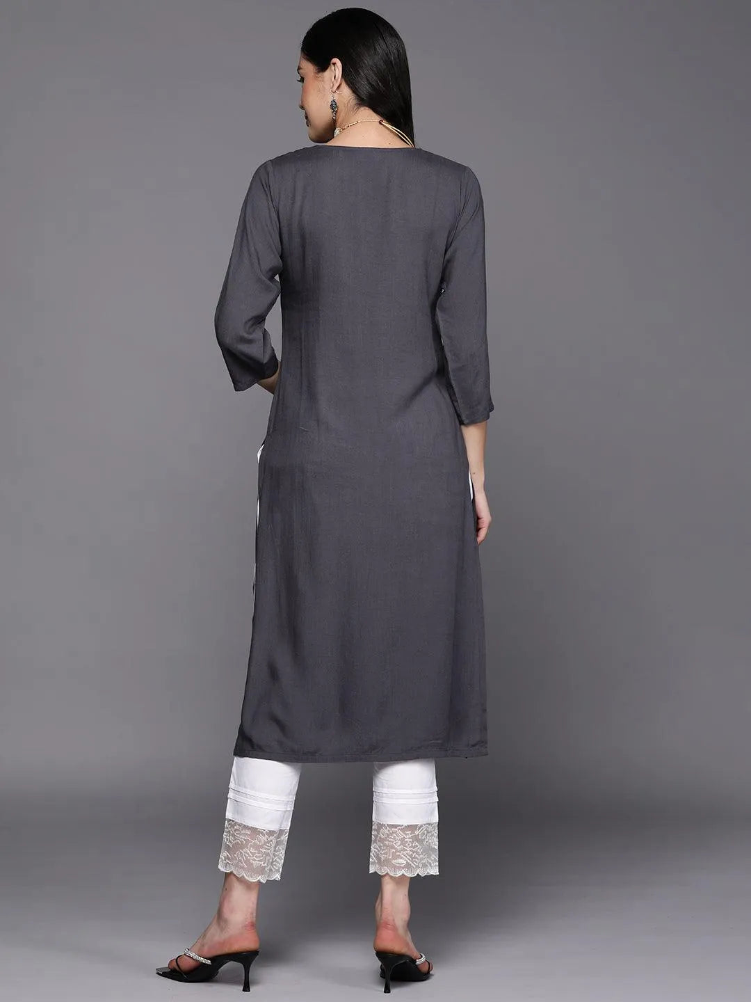 Grey Yoke Design Rayon Straight Kurta - Libas