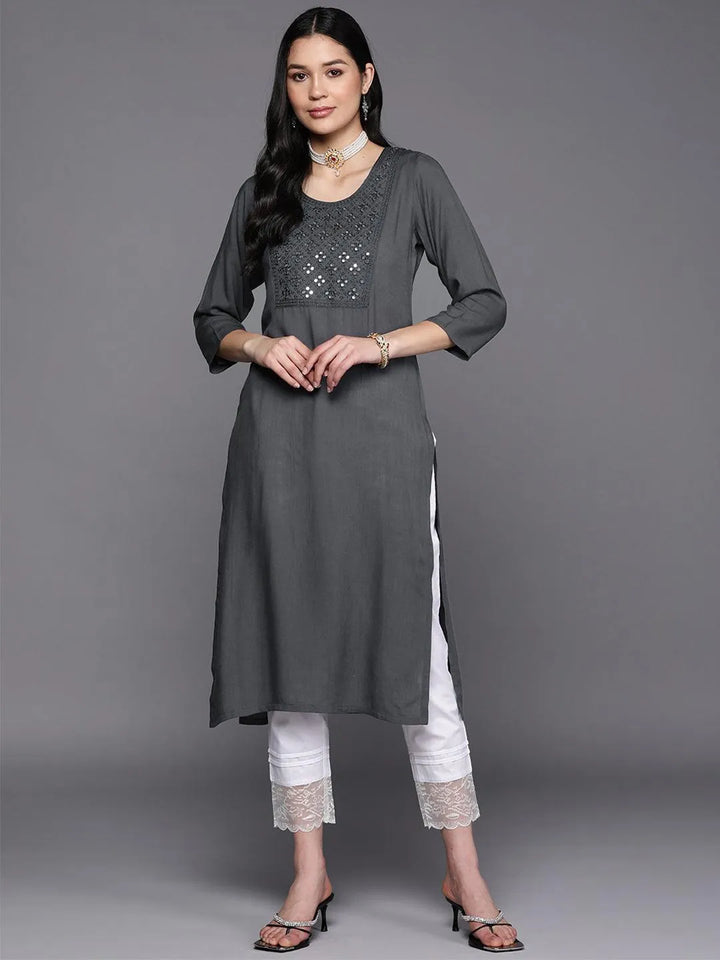 Grey Yoke Design Rayon Straight Kurta - Libas