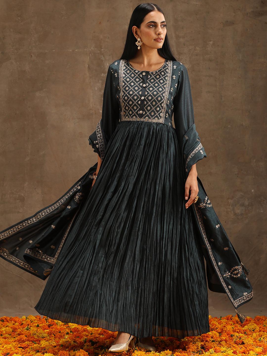 Grey Yoke Design Silk Blend Anarkali Kurta With Trousers & Dupatta