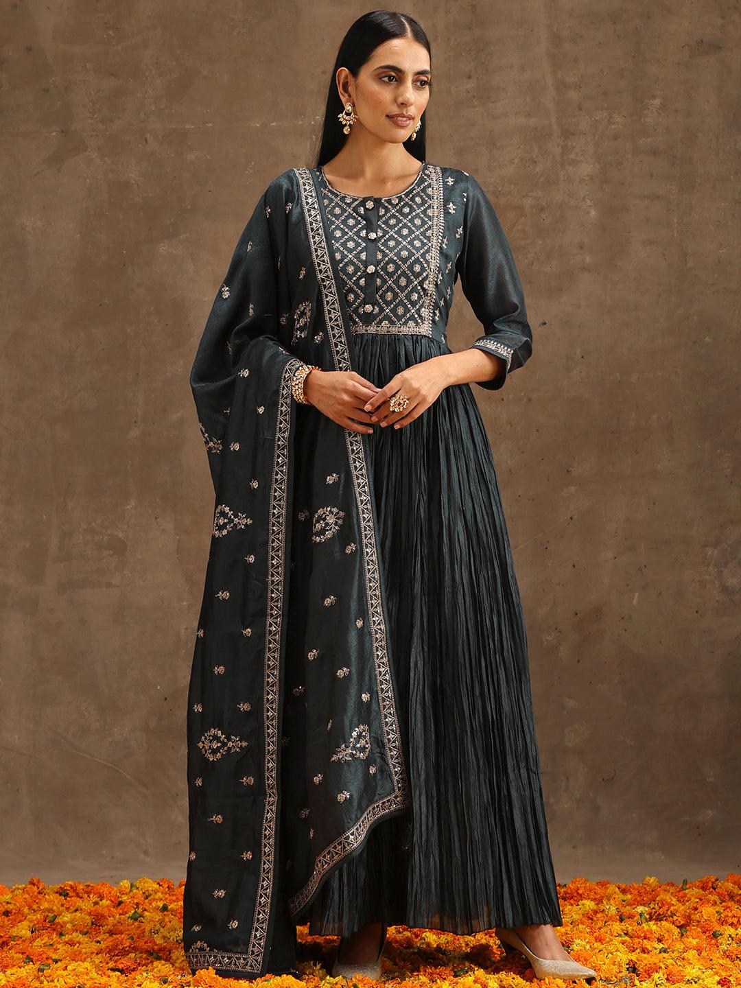 Grey Yoke Design Silk Blend Anarkali Suit Set With Trousers - Libas