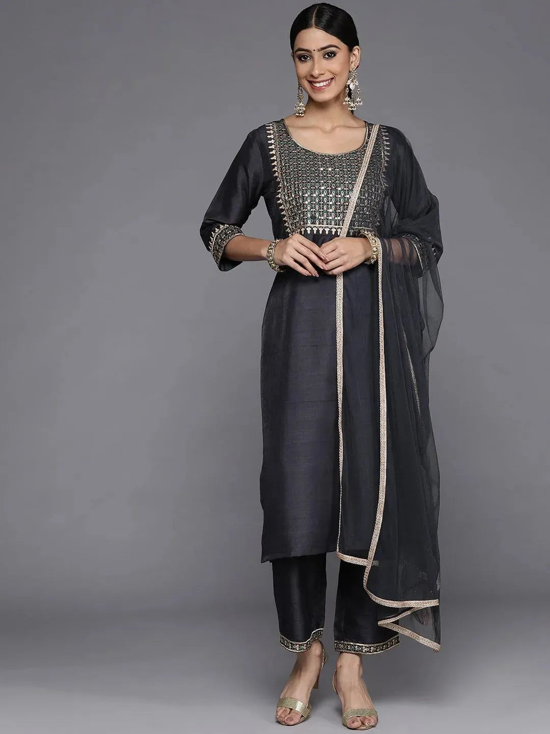 

Grey Yoke Design Silk Blend Straight Kurta With Dupatta