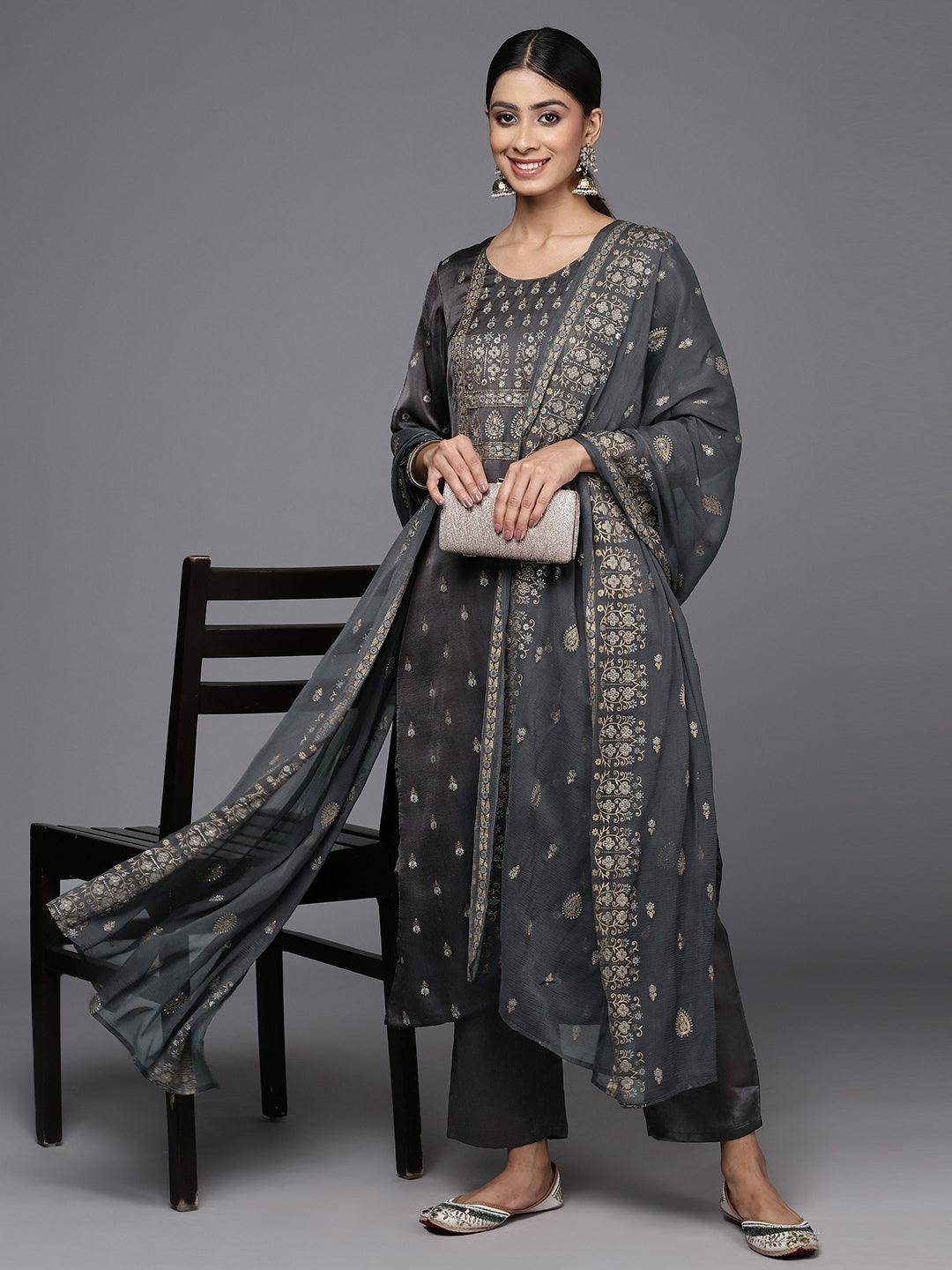 Grey Yoke Design Silk Blend Straight Kurta With Trousers & Dupatta - Libas