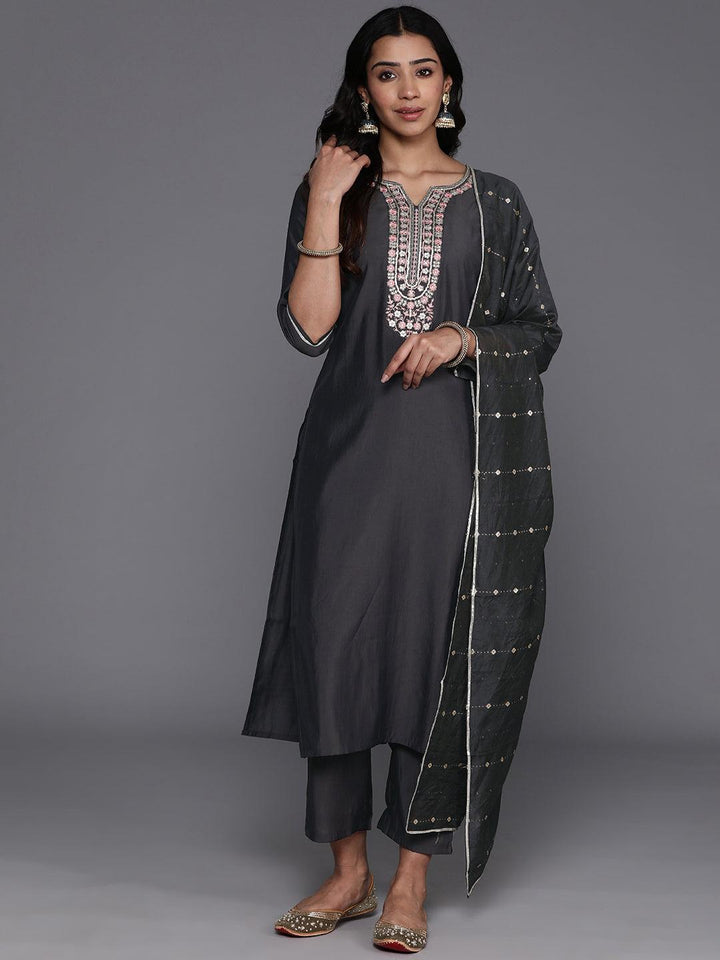 Grey Yoke Design Silk Blend Straight Kurta With Trousers & Dupatta - Libas