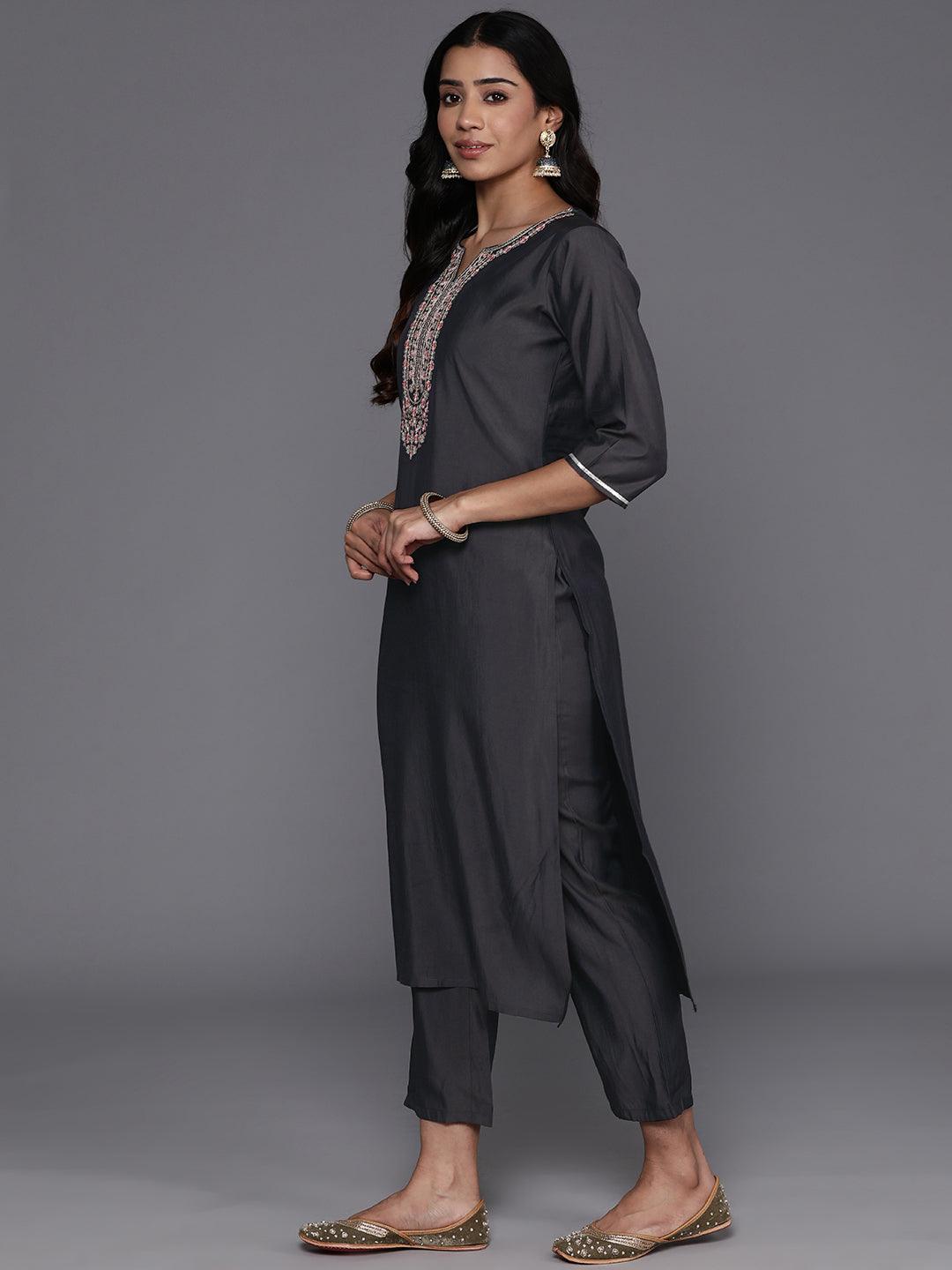 Grey Yoke Design Silk Blend Straight Kurta With Trousers & Dupatta - Libas 