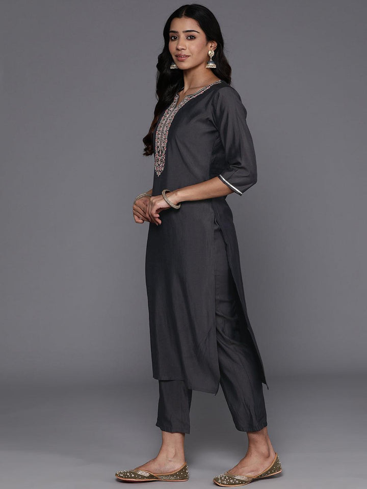 Grey Yoke Design Silk Blend Straight Kurta With Trousers & Dupatta - Libas