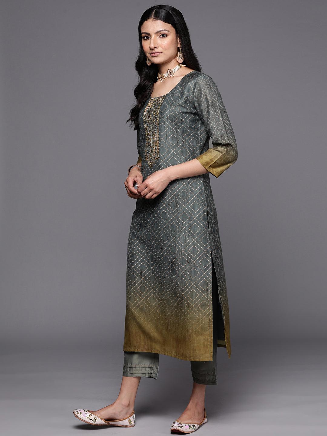 Grey Yoke Design Silk Blend Straight Suit Set With Trousers - Libas 