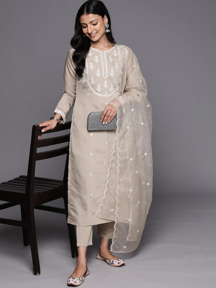 Grey Yoke Design Silk Blend Straight Suit Set With Trousers - Libas