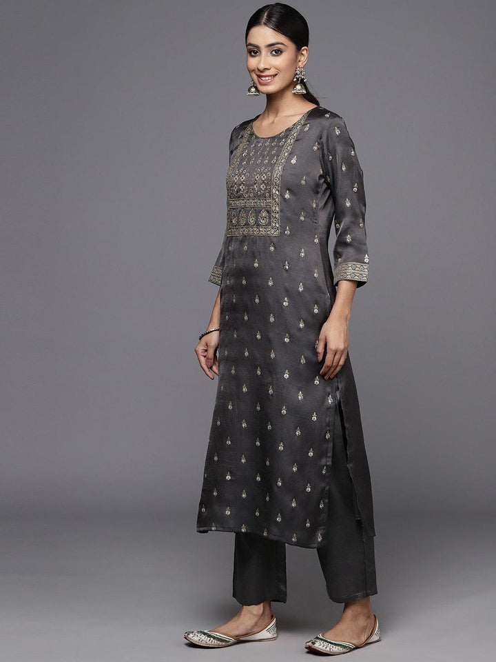 Grey Yoke Design Silk Blend Straight Kurta With Trousers & Dupatta - Libas