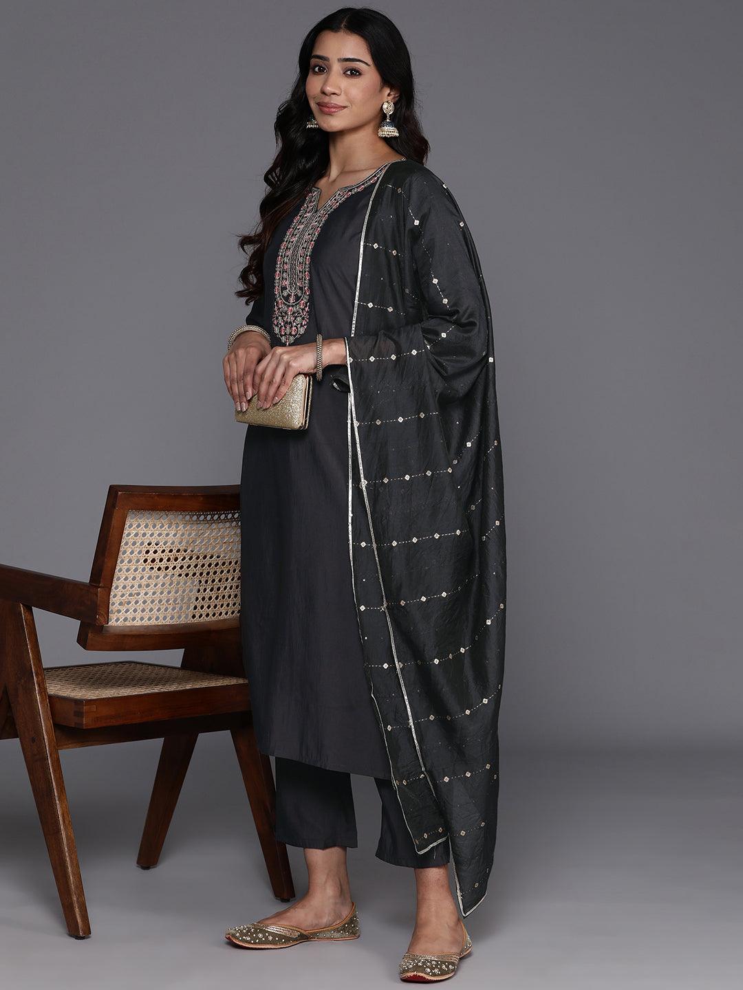 Grey Yoke Design Silk Blend Straight Kurta With Trousers & Dupatta - Libas 