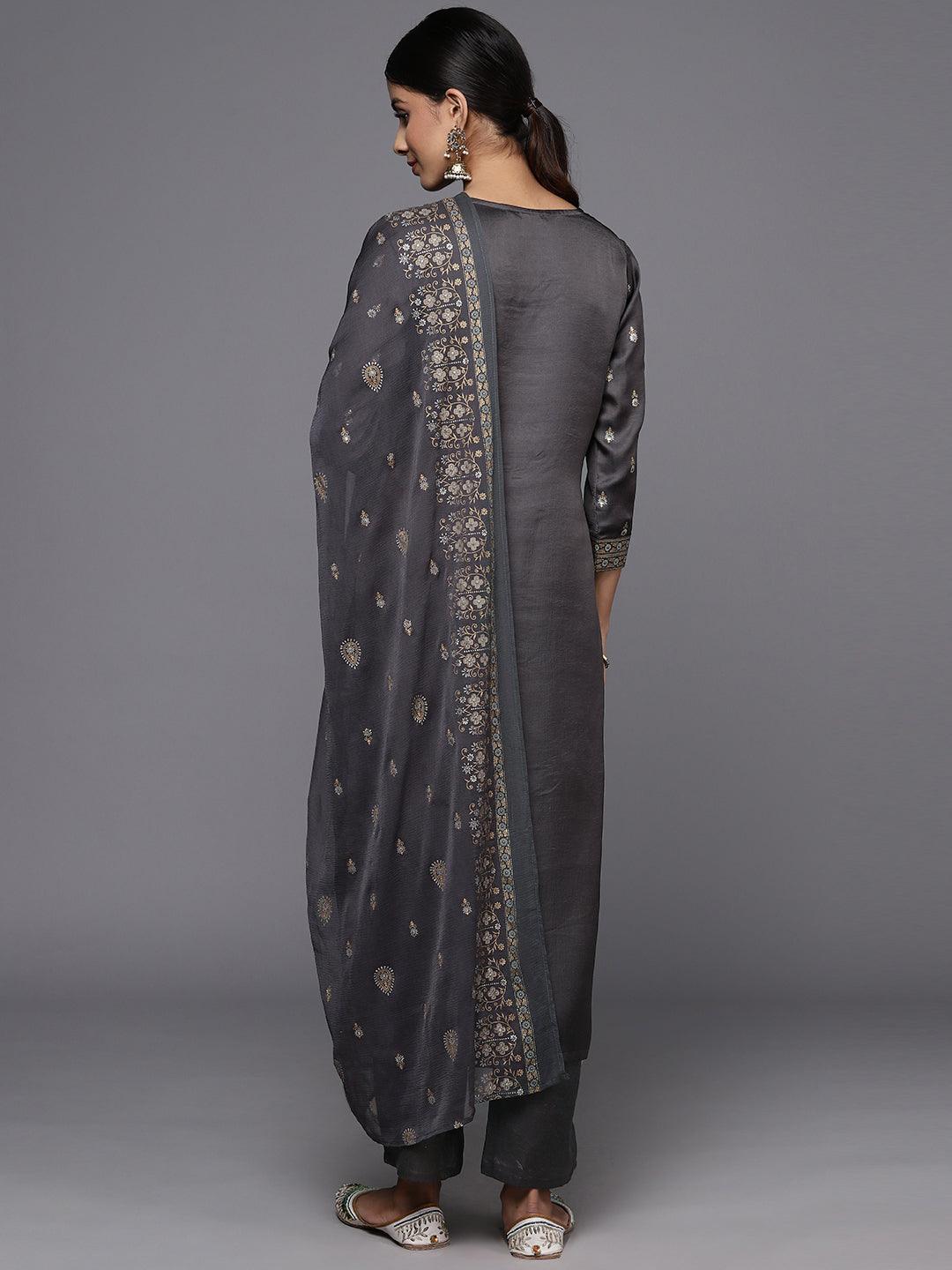 Grey Yoke Design Silk Blend Straight Kurta With Trousers & Dupatta - Libas