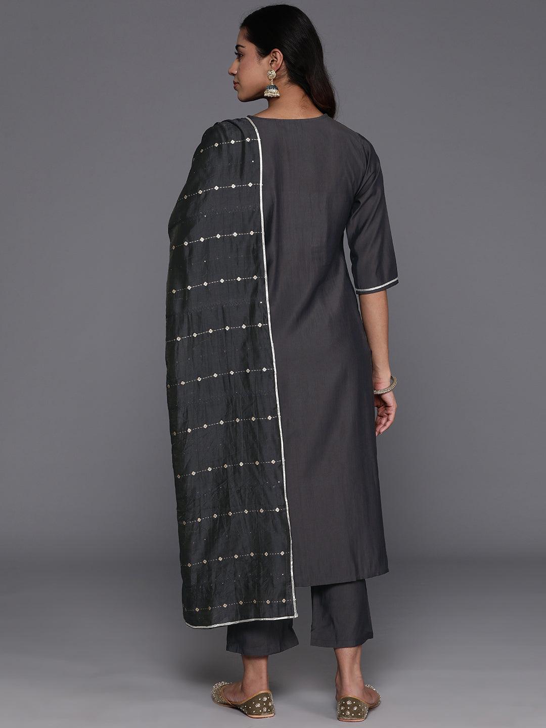 Grey Yoke Design Silk Blend Straight Kurta With Trousers & Dupatta - Libas 