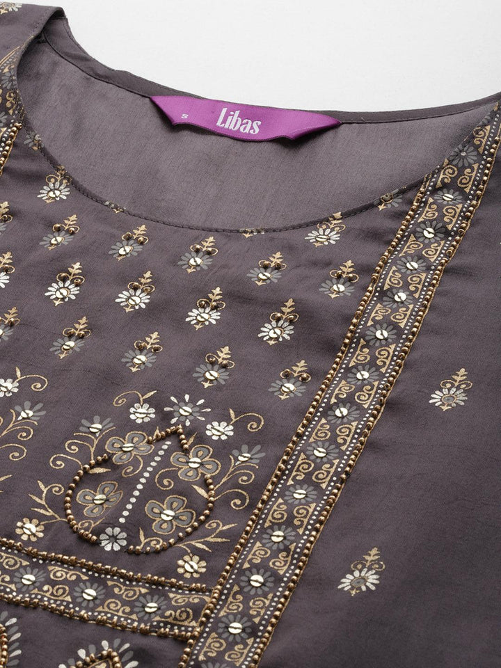 Grey Yoke Design Silk Blend Straight Kurta With Trousers & Dupatta - Libas