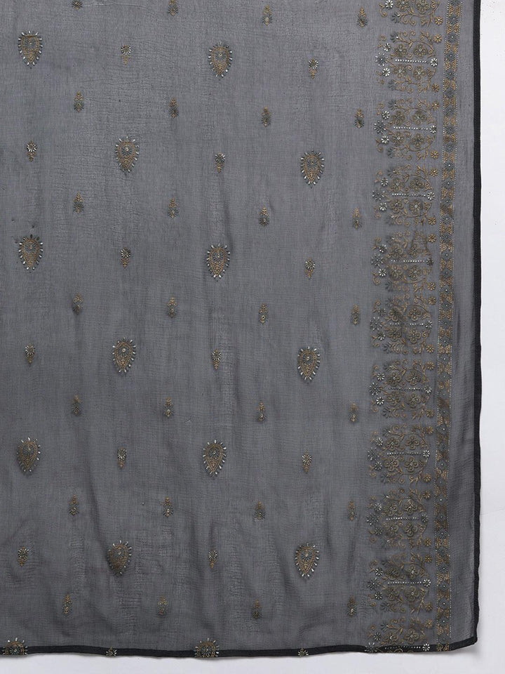 Grey Yoke Design Silk Blend Straight Kurta With Trousers & Dupatta - Libas