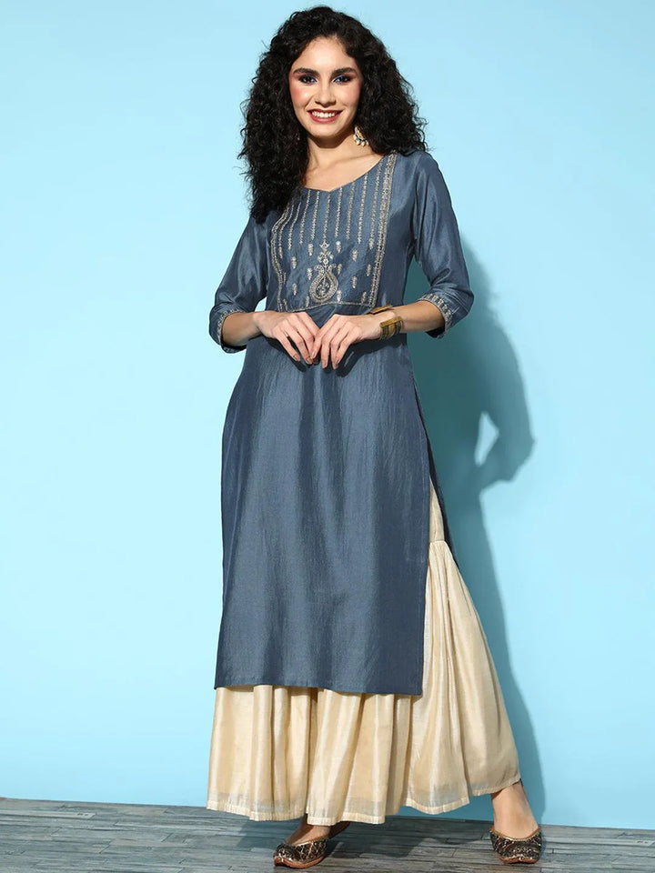 Grey Yoke Design Silk Straight Kurta - Libas