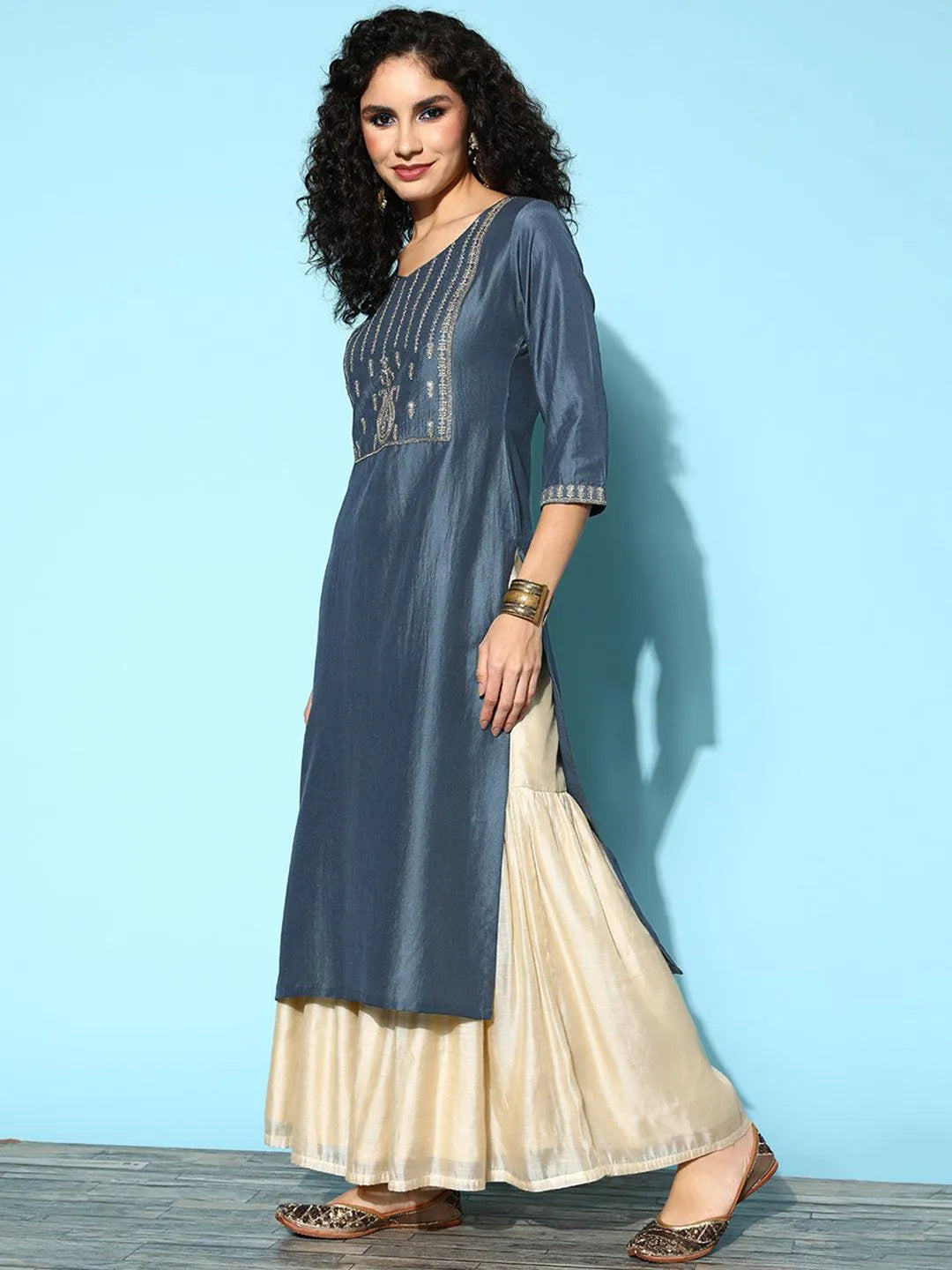 Grey Yoke Design Silk Straight Kurta - Libas