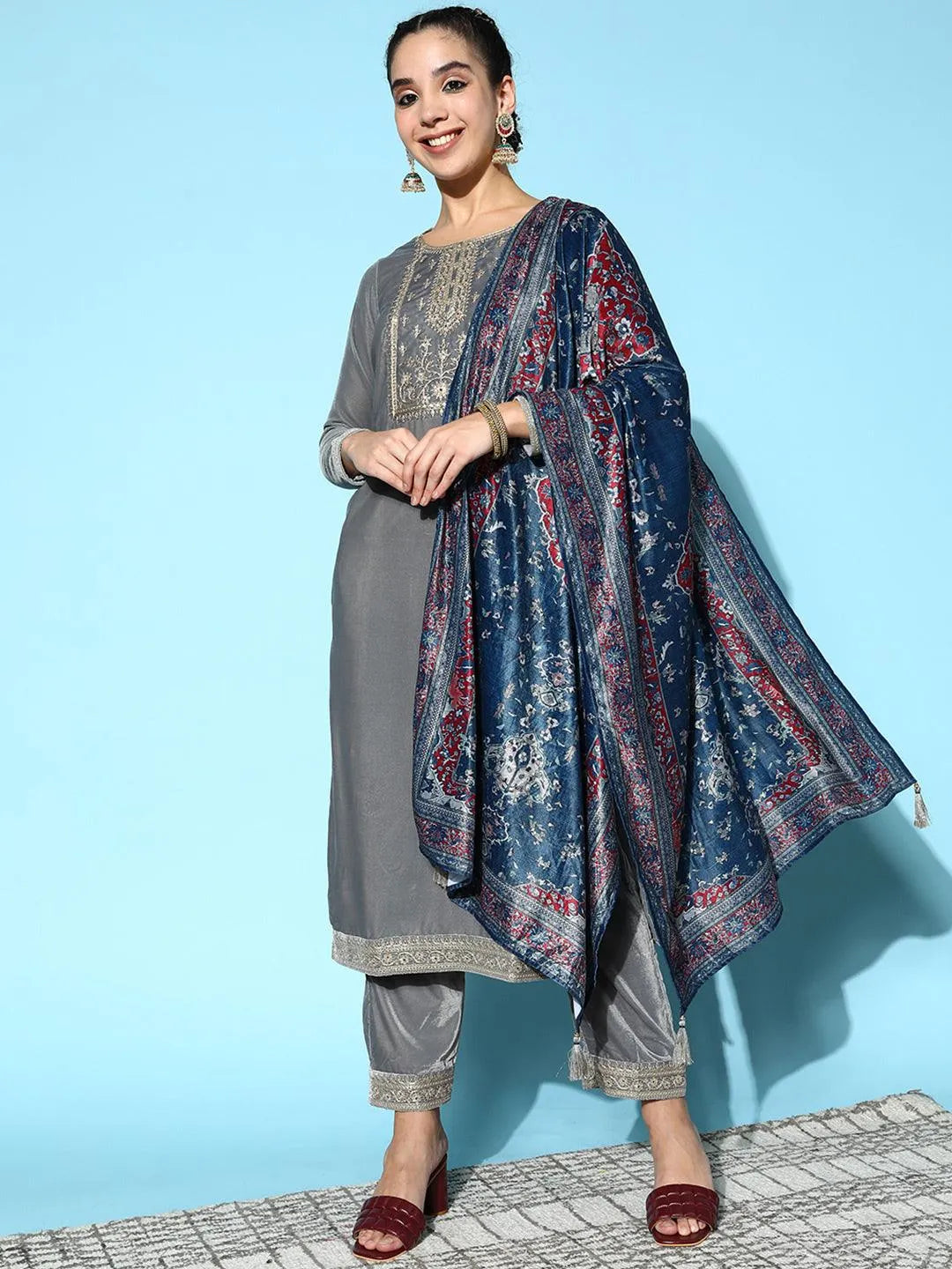 Grey Yoke Design Velvet Straight Suit Set - Libas 