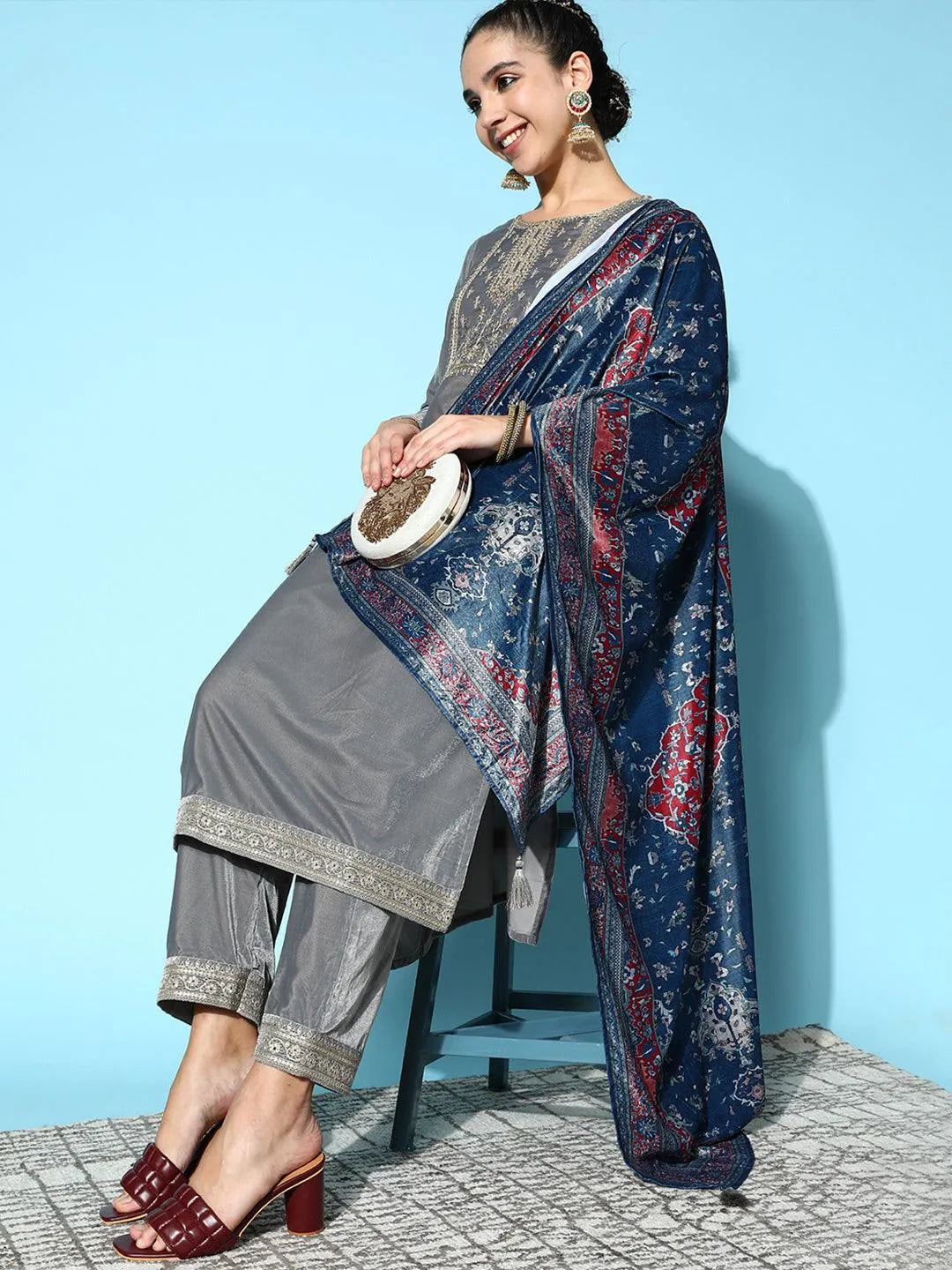 Grey Yoke Design Velvet Straight Suit Set - Libas 