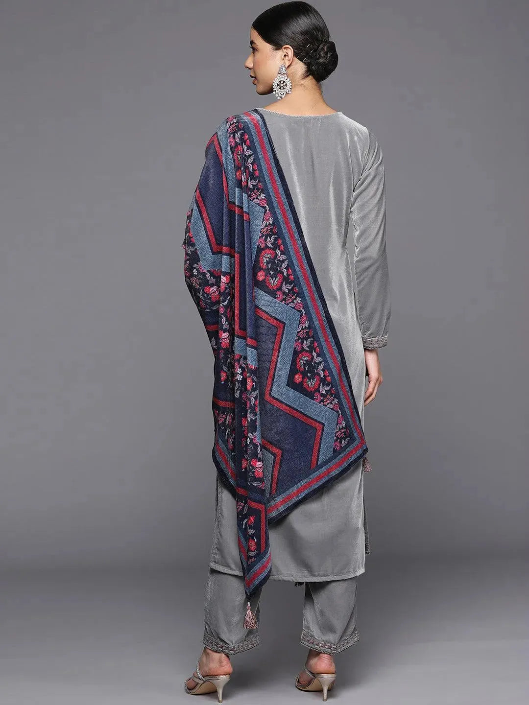 

Grey Yoke Design Velvet Straight Kurta With Trousers & Dupatta