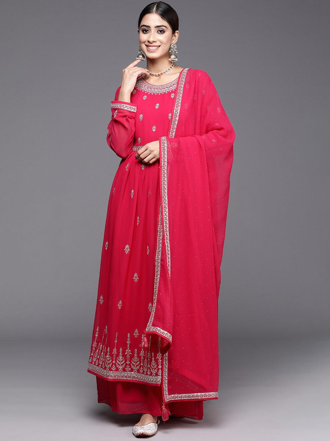 Hot Pink Embroidered Georgette A-Line Kurta With Palazzos & Dupatta - Libas 